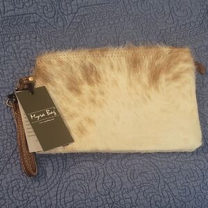 NWT - Myra Bag Brown & White Hairon Small Clutch With A Leather Wristlet